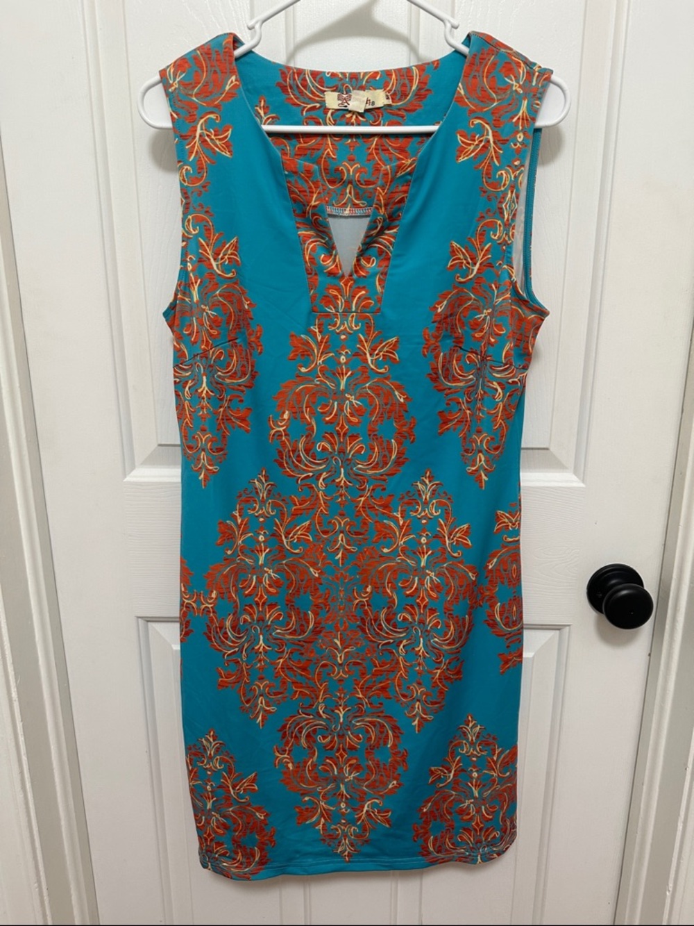 0066 Aryeh Turquoise Sleeveless Dress with Orange Damask Print women’s medium